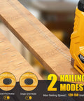 Smooth Shooting 21V Cordless 3-In-1 Brad Nailer And Staple Gun Bundle showing nailing modes on wood surface.