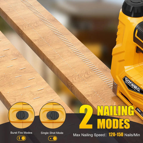 Smooth Shooting 21V Cordless 3-In-1 Brad Nailer And Staple Gun Bundle showing nailing modes on wood surface.