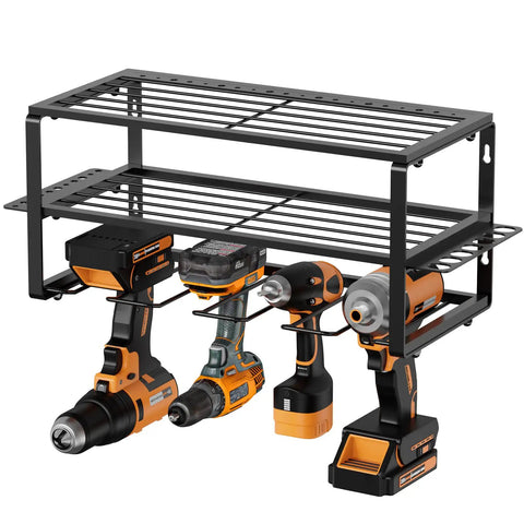 Heavy Duty Tool Organizer Rack For Garage Wall Mounted Drill Storage With Charger Shelf 100lbs Weight Capacity Easy Install Keeps Tools And Cords Neat Includes Basic Side Tool Strips