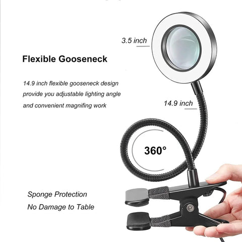10x Desk Magnifier With Light and Flexible Gooseneck Clamp showing 3.5 inch lens and 360-degree rotation for crafting and soldering