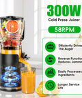 Amazon Juicer Machine, cold-press 300W, black and gold body with wide feed, pouring orange juice.