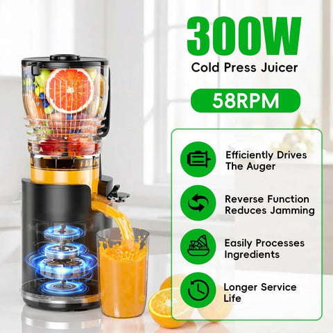 Amazon Juicer Machine, cold-press 300W, black and gold body with wide feed, pouring orange juice.