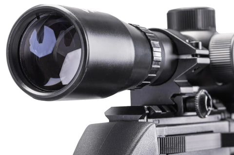 Close-up of scope on Komplete NCR N2 Powered.22 Caliber PCP Air Rifle With Disposable Nitrogen Cartridges For Precision Shooting