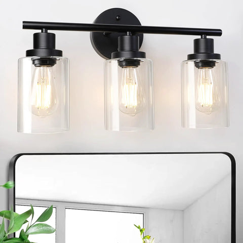 Modern 3 Light Vanity Light Fixture In Black With Clear Glass Shades, Dope Sleek Wall Sconce For Bathroom Mirror Hallway Living Room Bedroom, E26 Base, Durable Metal Build, Easy Install
