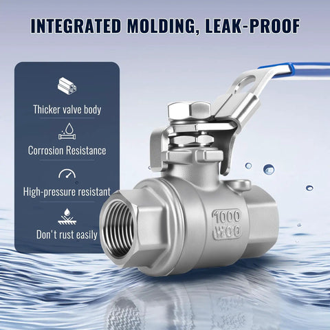 Two Pack 3/8 Inch Stainless Steel Ball Valves NPT Female Full Port With Locking Handle Heavy Duty Shut Off Valves For Home And Industrial Use Corrosion Resistant 304 Stainless For Long Lasting Performance shown with corrosion resistance features highlighted
