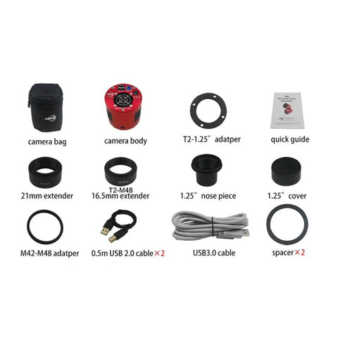 Contents of ASI294MCPro Cooled Color Astronomy Camera With USB 3.0 11.3 MP CMOS Sensor, including camera body and accessories.