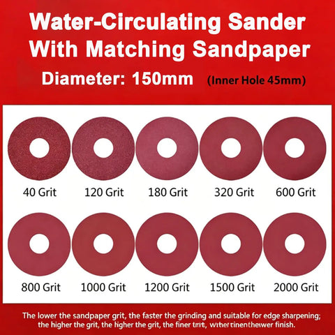 Heavy Duty Electric Wet And Dry Belt Sander With Seven Speeds Up To 3350 Rpm showing 10 sanding discs 150mm diameter for polishing.