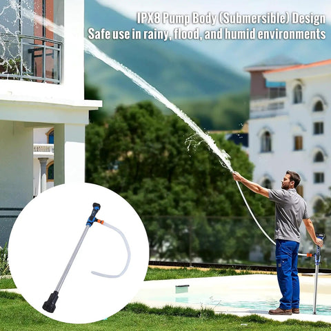 Grab And Go Cordless Stick Water Transfer Pump Featuring Quick Swap Detachable Battery Compartment Effortless Yard Pumping Tank Draining Knockout 36 Liters Per Minute Liquid Move Capability For DIY Cleanup Jobs in use outdoors with a user directing water flow.