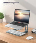 All Aluminum Laptop Stand For Desk Setup With Ventilated Cooling Detachable Ergonomic Riser Anti Slip Notebook Holder shown with laptop