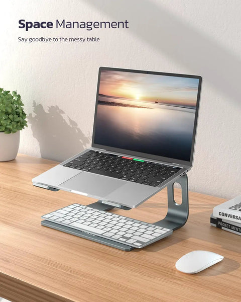 All Aluminum Laptop Stand For Desk Setup With Ventilated Cooling Detachable Ergonomic Riser Anti Slip Notebook Holder shown with laptop