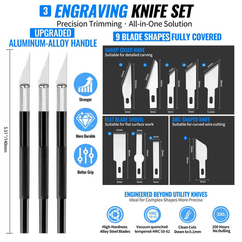 68-piece 3D printer tools kit with storage case; aluminum handles, deburring tools, scrapers, files, tweezers, drill
