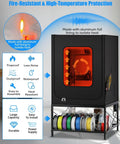 All In One 3D Printer Table With Enclosure Heavy Duty Workstation showing fire-resistant cover and filament storage