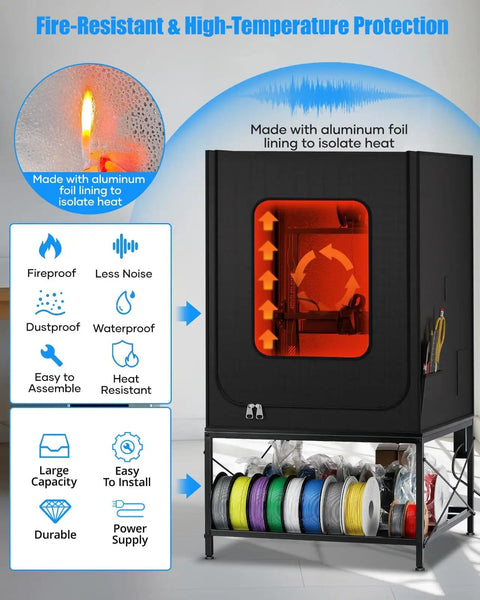 All In One 3D Printer Table With Enclosure Heavy Duty Workstation showing fire-resistant cover and filament storage