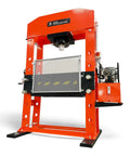 Heavy Duty 150 Ton Industrial Electric Shop Press featuring dual hydraulic cylinders, sliding ram, and air pump for efficient metal pressing.