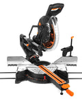 Pro Level 15 Amp 12 Inch Dual Bevel Sliding Compound Miter Saw With Crisp Led Cutline Guide on a workbench for precise cutting.