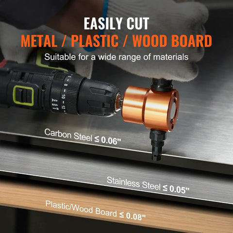 Gloved hand using Double Head Sheet Metal Nibbler Cutter For Drills, 360 Degree Cutting Attachment with extra punch and die.