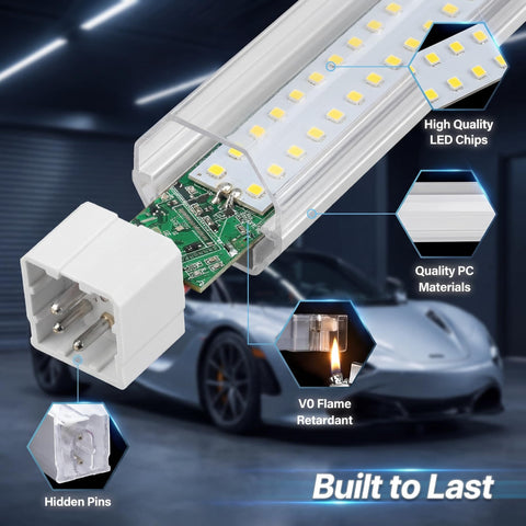 Close-up of Hexagon LED Garage Lights 210W 25200LM showing LED chips, PC materials, flame retardant feature, car in background