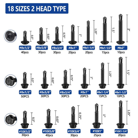 465 Piece Self Drilling And Self Tapping Screws Set In 410 Stainless Steel Sizes 8 And 10 Hex Washer Head And Phillips Round Head One Half Inch To Two Inch Length Sheet Metal Screws For Metal Wood And Plastic layout showing screw sizes and quantities.