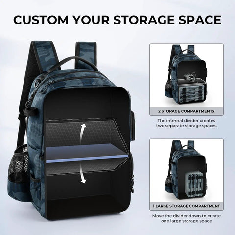 BaitSpace 50L Fishing Tackle Backpack With Removable Bait Binder And Four Tackle Boxes, Two Rod Holders, interior compartments shown