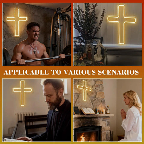 Lit Cross LED Neon Sign for Wall Decor USB Powered Glow Light for Bedroom and Kids Party Christian Wall Sign with Easy Mount in various settings
