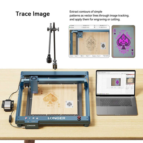 Longer LightBurn camera kit for laser engravers on blue frame with adjustable arm and laptop showing software.