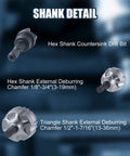 Boss Grade Tungsten Carbide Chamfer Tool Set With Deburring Bits and Countersink Drill Bit showing hex and triangle shank details.