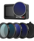 ND Filter And CPL Kit For DJI Osmo Action 5 Pro And Action 4 With 5 Pack FS ND8 ND16 ND32 Filters Snap On Lens Cover HD Optical Glass Multi Coated For True Color And Crisp Footage displayed with camera
