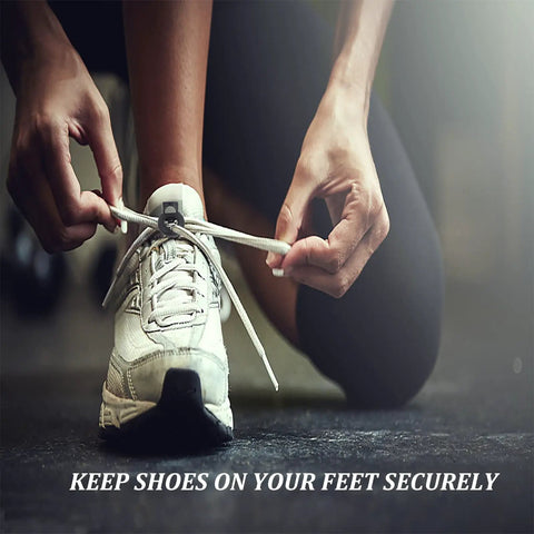 Forty Piece Cord Locks Set For Drawstrings Black Plastic Toggle Stoppers on sports shoe being tied securely