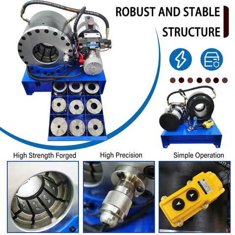 Knocks Out Transmission And Brake Repairs Like A Boss Using This Portable 12V Electric Hydraulic Hose Crimping Tool With Ten Heavy Duty Dies showcasing the motor and dies.