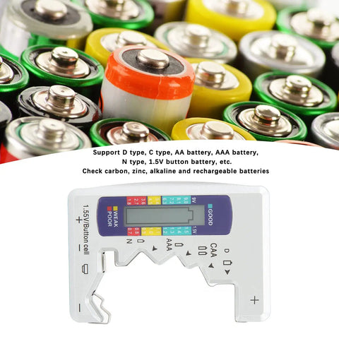 LCD Universal Battery Checker for AA AAA C D 9V and 1.5V Cells with Three Color Readout Red Yellow Blue and Pro Grade Battery Capacity Meter for Home Use Everyday, handheld plastic tester