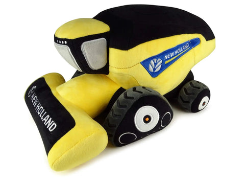 Alt Tag: New Holland Combine Plush Toy With Embroidery, yellow and black farm vehicle plush, side view showing realistic detailing.