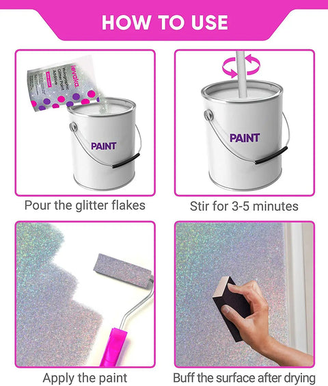 How to use Glitter Paint Additive 5.3oz with 2 Buffing Pads, Holographic Silver Sparkle for Walls, showing mixing and buffing steps