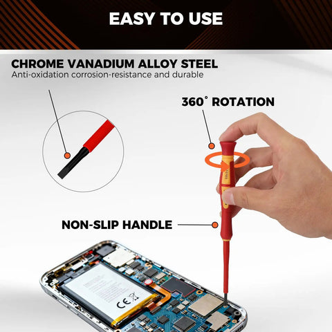 Hand using 1000V Insulated Electrician Screwdriver Set With Magnetic Tips And Rotatable Top Cap for electronic repair.