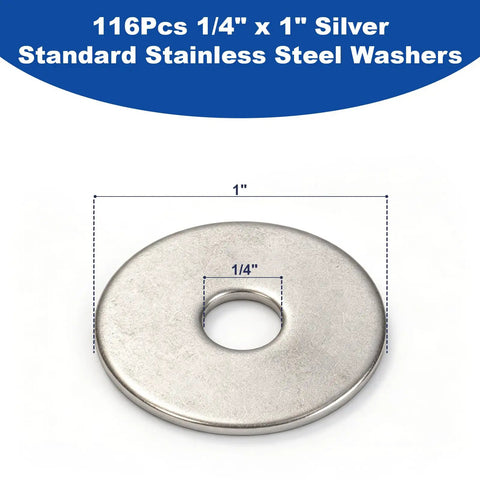 116 Piece One Quarter Inch by One Inch Flat Washers, 304 Stainless Steel Fender Style Washers for Screws with size details