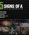 5 signs of a bad alternator including flickering headlights, weak battery, strange sounds, starting issues, and electric failures