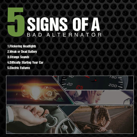5 signs of a bad alternator including flickering headlights, weak battery, strange sounds, starting issues, and electric failures