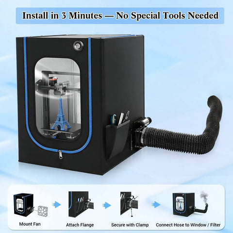 High Efficiency 4000 RPM Fume Extraction Kit for 3D Printer Enclosures with pro grade fan and easy install exhaust pipe