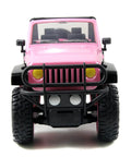 Front view of pink Jeep Wrangler 1:16 RC Car For Kids With 2.4GHz Remote, showing large off-road wheels and bumper guard.