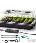 Seed Starter Tray Kit With Grow Lights, 40 Cell Trays With Humidity Dome, Indoor Mini Greenhouse, sprouts and tools visible