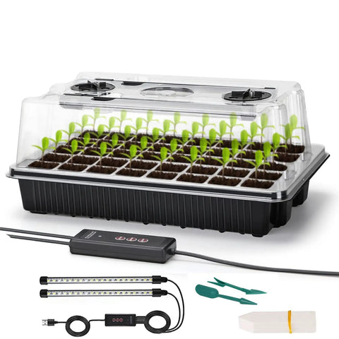 Seed Starter Tray Kit With Grow Lights, 40 Cell Trays With Humidity Dome, Indoor Mini Greenhouse, sprouts and tools visible