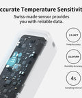 IP65 Indoor Outdoor Bluetooth Hygrometer Thermometer 3 Pack With 394 Ft Range For Refrigerator And Home Use Dew Point VPD Absolute Humidity Sensor Beefy Battery Life For Two Years With Free Data Storage No Fuss., sensor board showing ±0.36°F temp accuracy, ±1.8%RH humidity accuracy, 4s sampling