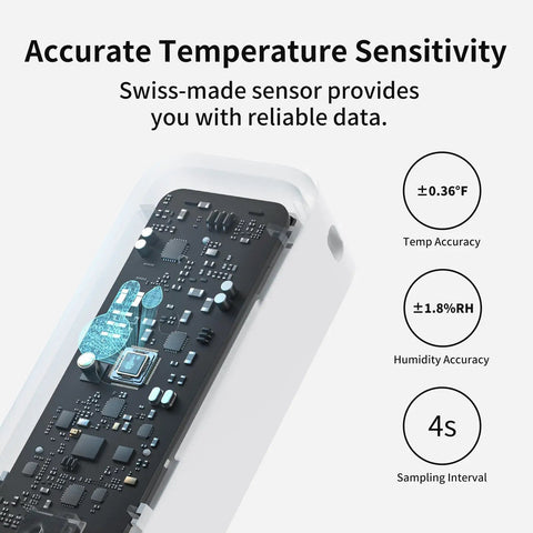 IP65 Indoor Outdoor Bluetooth Hygrometer Thermometer 3 Pack With 394 Ft Range For Refrigerator And Home Use Dew Point VPD Absolute Humidity Sensor Beefy Battery Life For Two Years With Free Data Storage No Fuss., sensor board showing ±0.36°F temp accuracy, ±1.8%RH humidity accuracy, 4s sampling