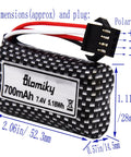 Two Pack 7.4V 700mAh Li Ion SM-4P Rechargeable Battery With Cable showing dimensions and plug for RC Boats.