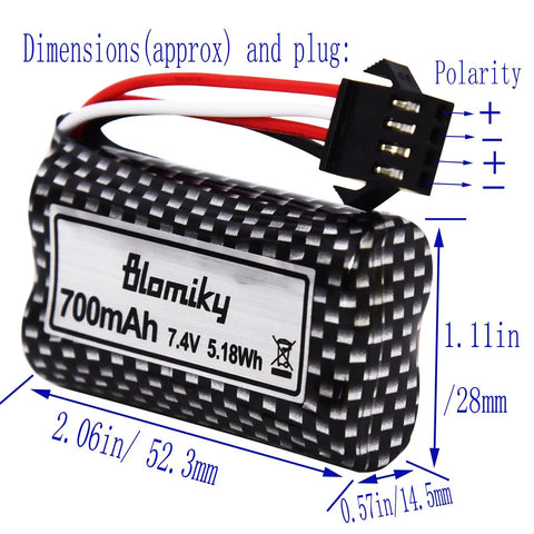 Two Pack 7.4V 700mAh Li Ion SM-4P Rechargeable Battery With Cable showing dimensions and plug for RC Boats.
