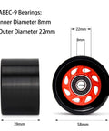 Side and front view of Eight Pack 58mm By 39mm 95A Indoor Quad Roller Skate Wheels For Roller Derby with ABEC 9 bearings