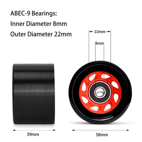 Side and front view of Eight Pack 58mm By 39mm 95A Indoor Quad Roller Skate Wheels For Roller Derby with ABEC 9 bearings
