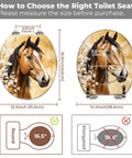 Round Vintage Farmhouse Resin Toilet Seat size measurement guide, showing round and elongated fit options with horse design.