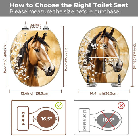 Round Vintage Farmhouse Resin Toilet Seat size measurement guide, showing round and elongated fit options with horse design.