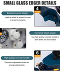 Small glass edger details with explosion-proof design, universal wheel, and non-slip handle enhancements for safety and stability.