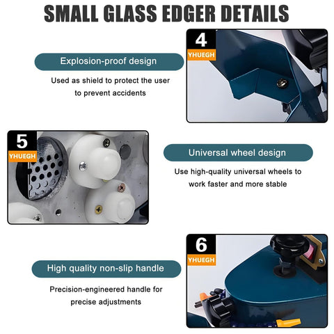Small glass edger details with explosion-proof design, universal wheel, and non-slip handle enhancements for safety and stability.
